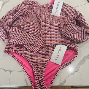 Athleta Pink Multicolor Striped Mid-Rise Swim Bottom